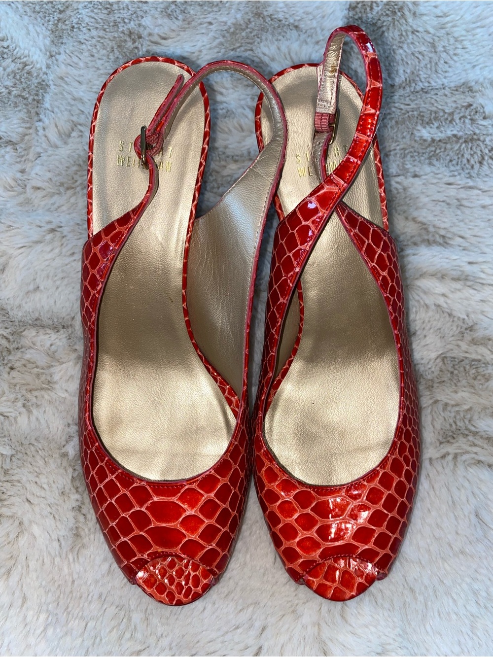 Stuart Weitzman Red Snakeskin Slingback Peep-Toe Heels